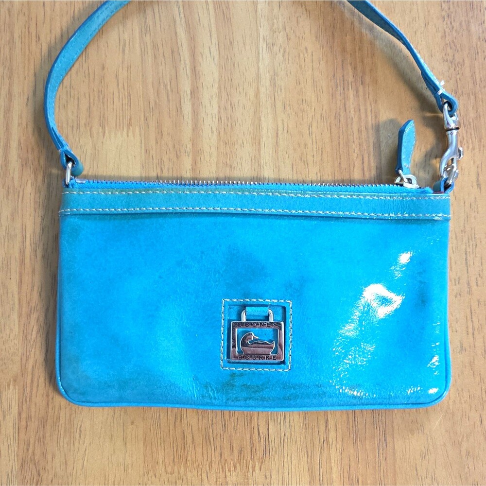 Dooney & Bourke Blue Patent Leather Zip Top Shoulder Bag Red Lining Silver